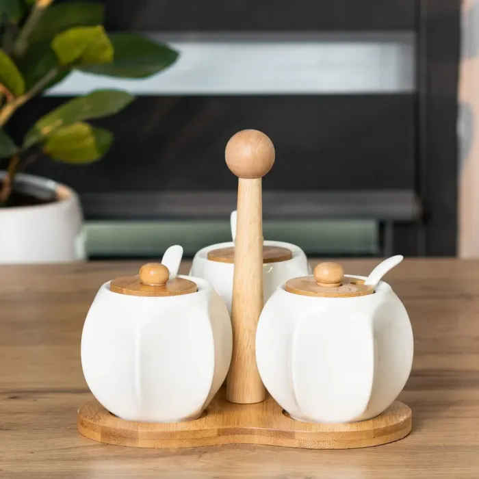 Соусы на деревянной подставке 3 шт. по 200 мл баночки для специй керамические с ложками (HP1201) - изображение 1