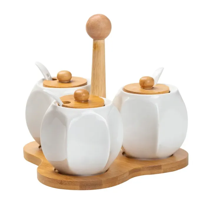 Соусы на деревянной подставке 3 шт. по 200 мл баночки для специй керамические с ложками (HP1201) - изображение 2