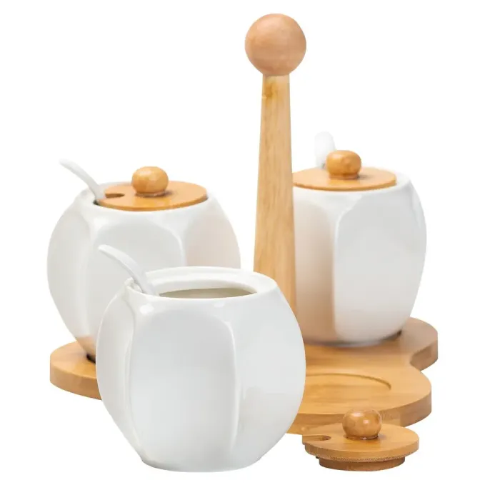 Соусы на деревянной подставке 3 шт. по 200 мл баночки для специй керамические с ложками (HP1201) - изображение 3