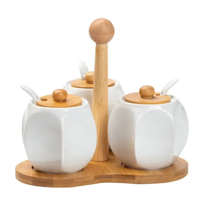 Соусы на деревянной подставке 3 шт. по 200 мл баночки для специй керамические с ложками (HP1201) - изображение 4