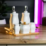 Набір для спецій 5 предметів сільничка перечниця та дві пляшки для олії та оцту 380 мл на бамбуковій підставці (HP1222)