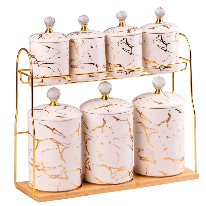 Набор специй и сыпучих продуктов с подставкой, набор из 7 предметов (300 мл и 700 мл) Керамический белый (HP-1215) - изображение 3