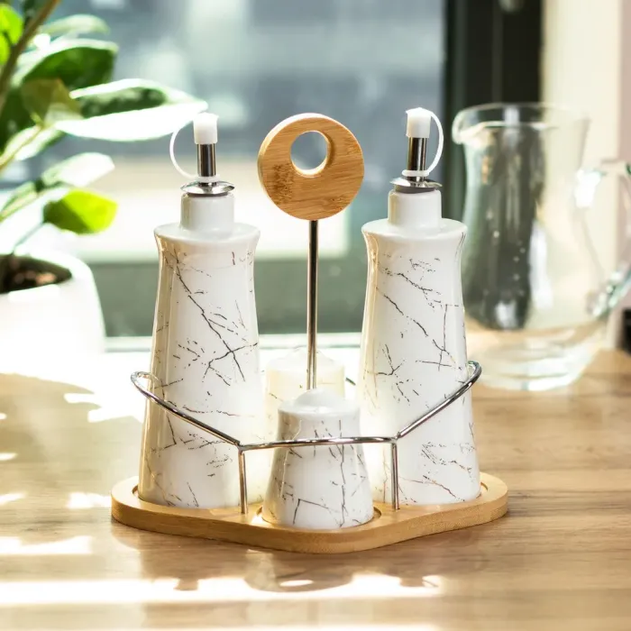 Набор для специй на деревянной подставке 4 предмета бутылочки для уксуса и масла (HP1219) - изображение 2