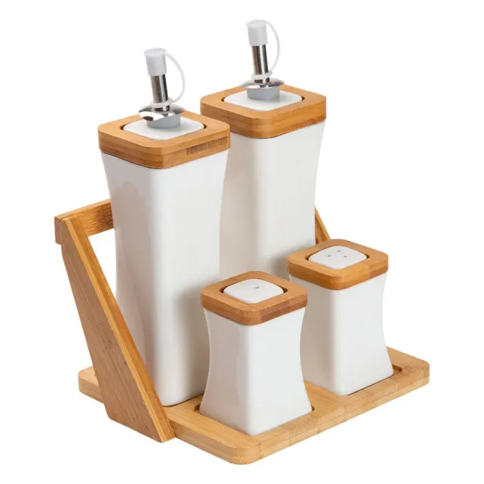 Набор для специй с деревянной подставкой, 4 бутылки для уксуса и масла (HP-1221) - изображение 2