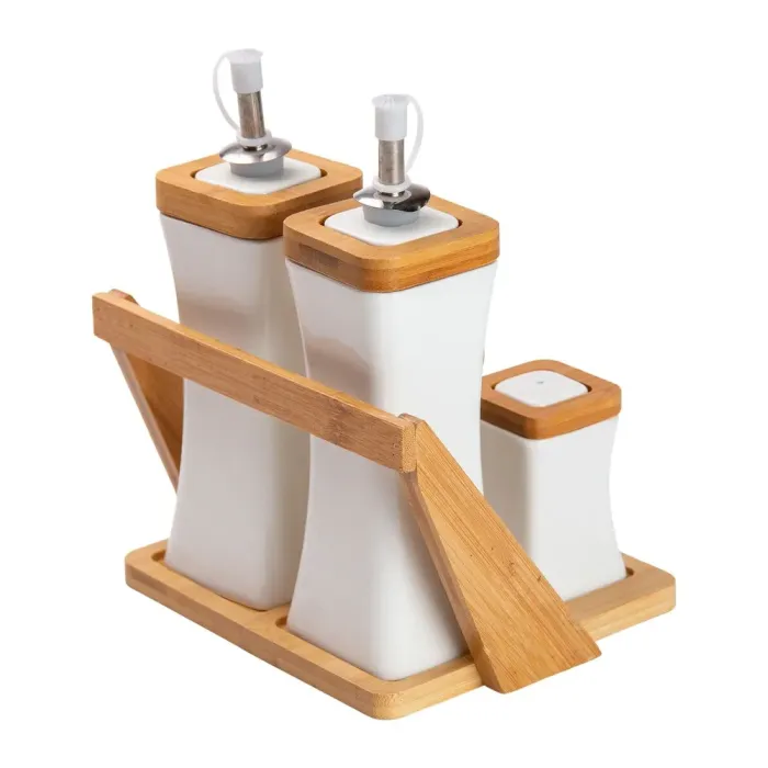 Набор для специй с деревянной подставкой, 4 бутылки для уксуса и масла (HP-1221) - изображение 5
