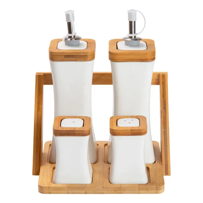 Набор для специй с деревянной подставкой, 4 бутылки для уксуса и масла (HP-1221) - изображение 1