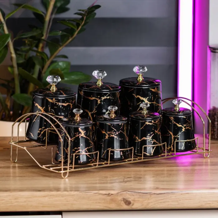 Набор специй на подставке 7 шт. баночки по 250 и 600 мл керамические черный (HP1249) - изображение 1
