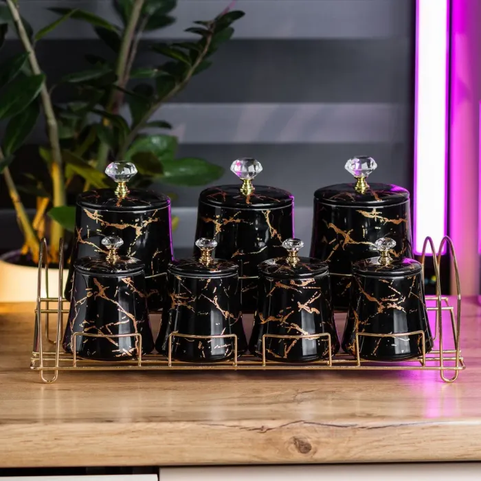 Набор специй на подставке 7 шт. баночки по 250 и 600 мл керамические черный (HP1249) - изображение 2