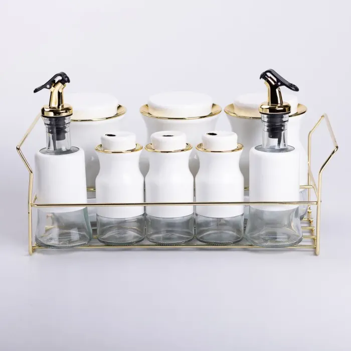 Набір для спецій на підставці з пляшками для олії та оцту 8 предметів Білий (HP-1360W) - зображення 1