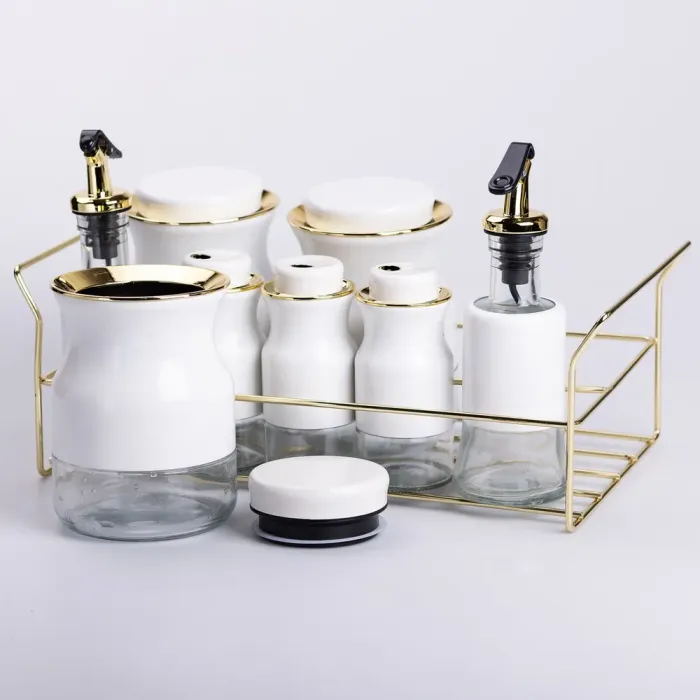 Набір для спецій на підставці з пляшками для олії та оцту 8 предметів Білий (HP-1360W) - зображення 3