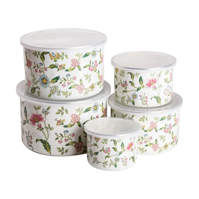 Набор из 5 эмалированных контейнеров для еды, салатников с крышками. (HP-2-117) - изображение 2