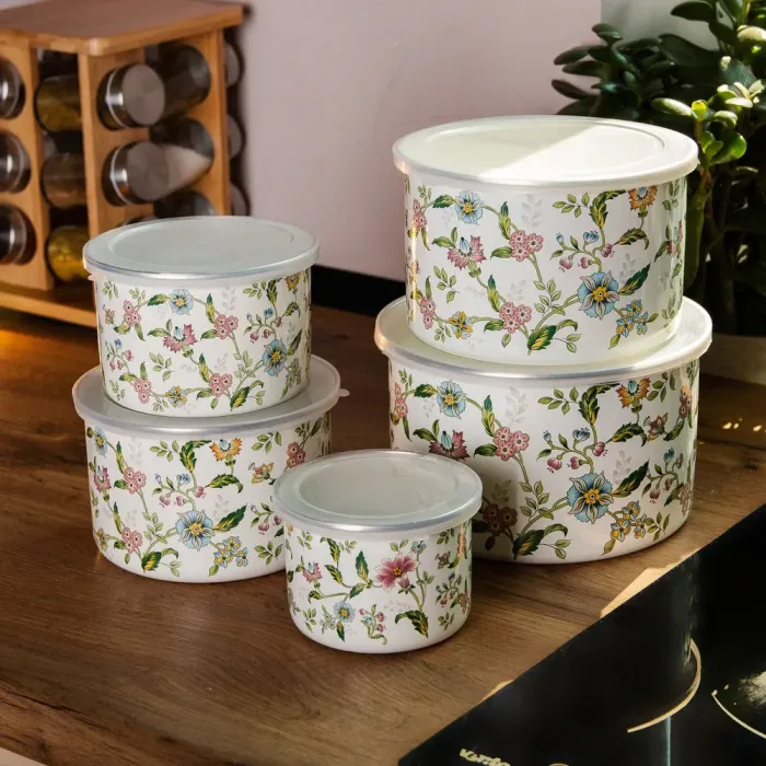 Набор из 5 эмалированных контейнеров для еды, салатников с крышками. (HP-2-117) - изображение 5