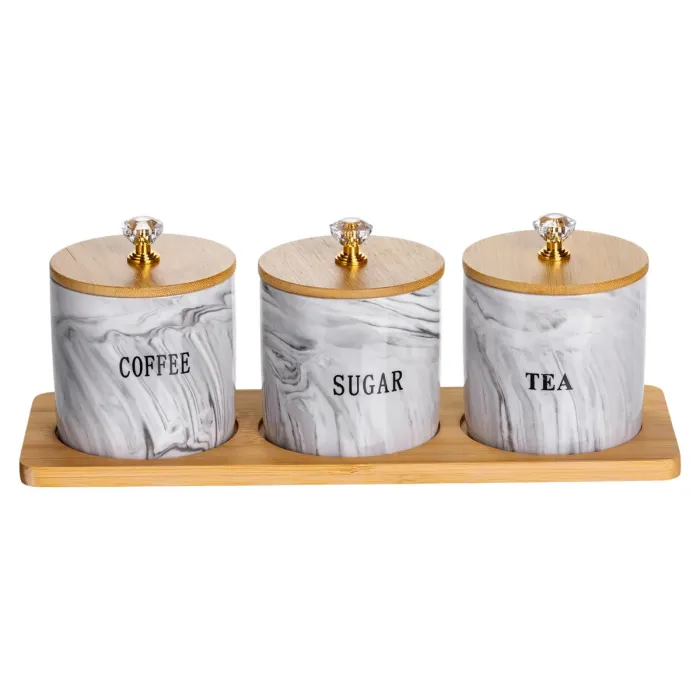 Набір порцелянових банок для сипучіх на підставці 3 шт. по 250 (мл) для чаю кави цукру Сірий SCT-664 (SCT-664) - зображення 1