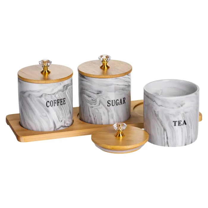 Набір порцелянових банок для сипучіх на підставці 3 шт. по 250 (мл) для чаю кави цукру Сірий SCT-664 (SCT-664) - зображення 2