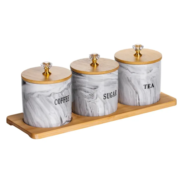 Набір порцелянових банок для сипучіх на підставці 3 шт. по 250 (мл) для чаю кави цукру Сірий SCT-664 (SCT-664) - зображення 3