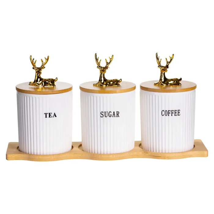 Набір порцелянових банок для сипучіх на бамбуковій підставці 3 шт. по 400 мл для чаю кави цукру SCT-652 (SCT-652) - зображення 1