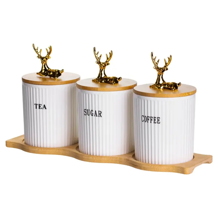 Набір порцелянових банок для сипучіх на бамбуковій підставці 3 шт. по 400 мл для чаю кави цукру SCT-652 (SCT-652) - зображення 2