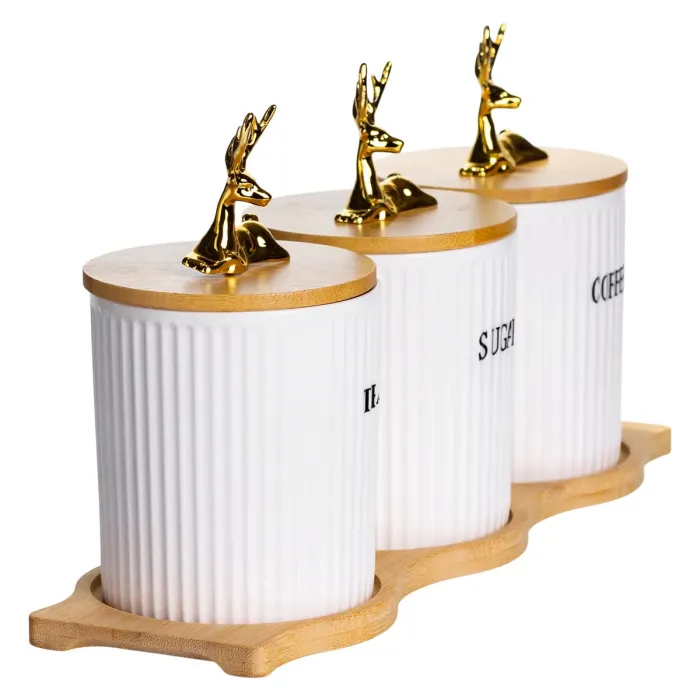 Набір порцелянових банок для сипучіх на бамбуковій підставці 3 шт. по 400 мл для чаю кави цукру SCT-652 (SCT-652) - зображення 4