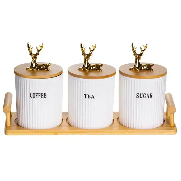 Набір порцелянових банок для сипучих продуктів на підставці з ручками 3 шт по 400 мл SCT-650 (SCT-650) - изображение 1