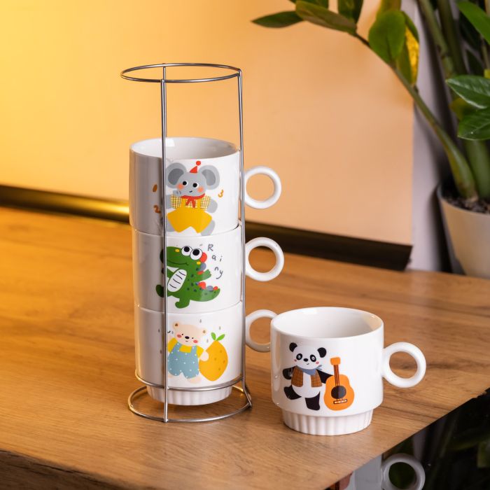 Набір порцелянових чашок для дітей на металевій підставці Animals 4 (шт) по 300 (мл) подарунковий набір чашок FM-8 (FM-8) - зображення 1