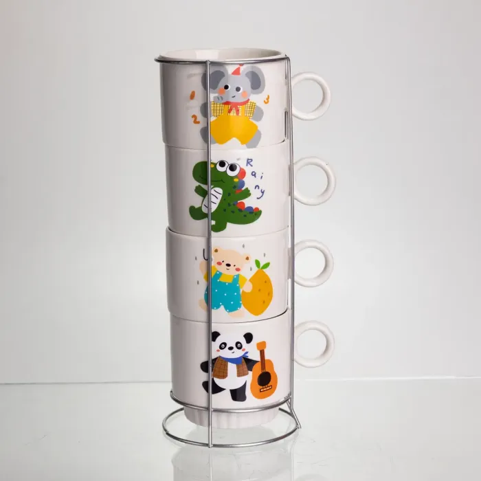 Набір порцелянових чашок для дітей на металевій підставці Animals 4 (шт) по 300 (мл) подарунковий набір чашок FM-8 (FM-8) - зображення 2