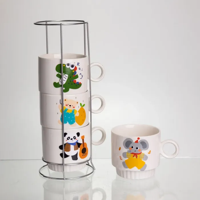 Набір порцелянових чашок для дітей на металевій підставці Animals 4 (шт) по 300 (мл) подарунковий набір чашок FM-8 (FM-8) - зображення 3