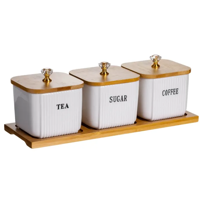 Набір порцелянових квадратних банок для сипучіх на підставці 3 шт. по 350 (мл) для чаю кави цукру SCT-643 (SCT-643) - зображення 3