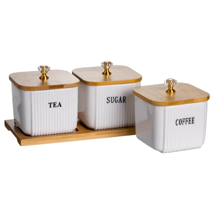Набір порцелянових квадратних банок для сипучіх на підставці 3 шт. по 350 (мл) для чаю кави цукру SCT-643 (SCT-643) - зображення 5