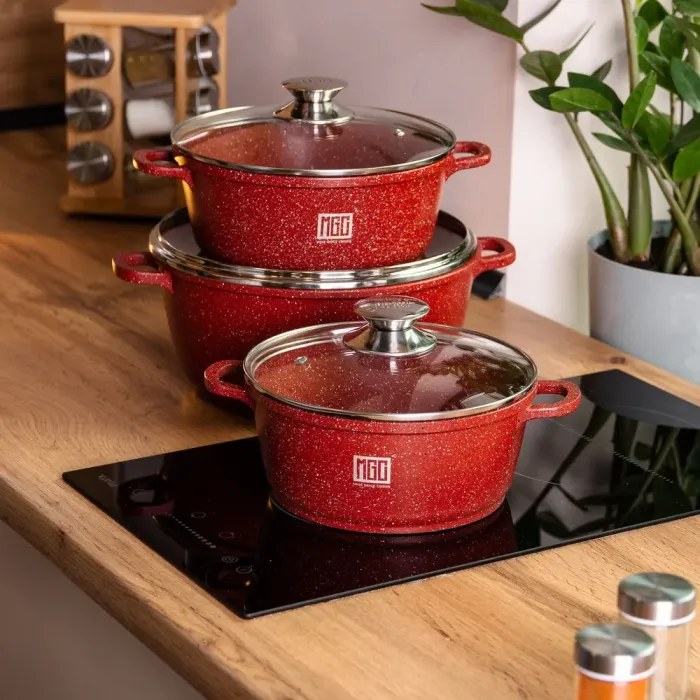 Набір із трьох алюмінієвих каструль із товстим дном та кришками з антипригарним покриттям MGC (HP-4-408) - зображення 5