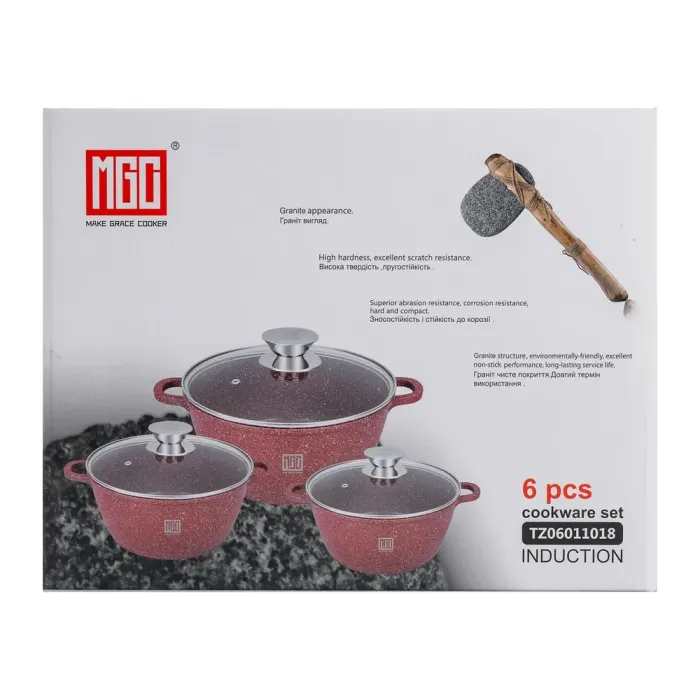 Набір із трьох алюмінієвих каструль із товстим дном та кришками з антипригарним покриттям MGC (HP-4-408) - зображення 6