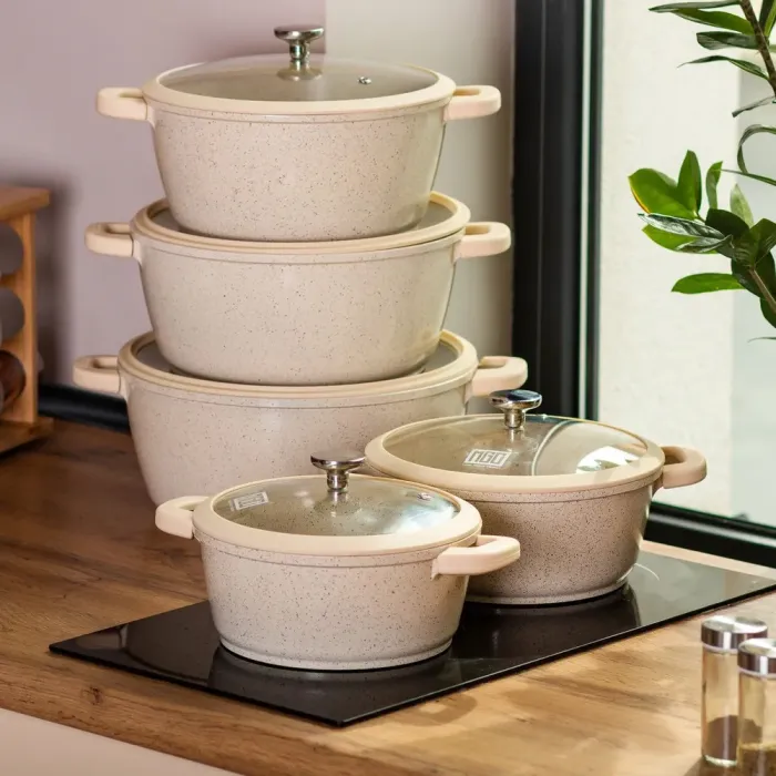 Набор кастрюль MGC 2/3/4/5/6 л с мраморным антипригарным бежевым покрытием (HP-4-407CR) - изображение 6