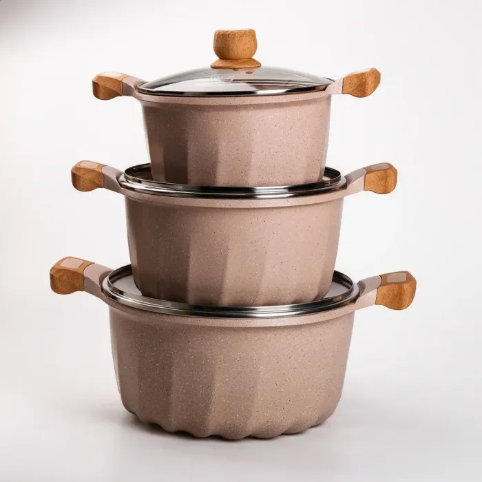 Набір із трьох каструль та сковорідок з кришками 24, 28, 32 см, товстодонне алюмінієве дно MGC (HP-4-402) - зображення 5