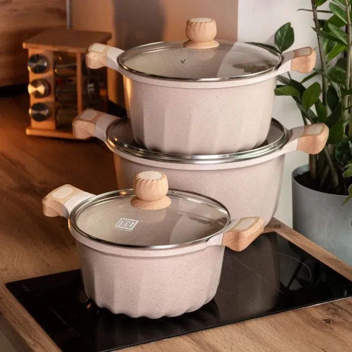 Набір із трьох каструль та сковорідок з кришками 24, 28, 32 см, товстодонне алюмінієве дно MGC (HP-4-402) - зображення 6