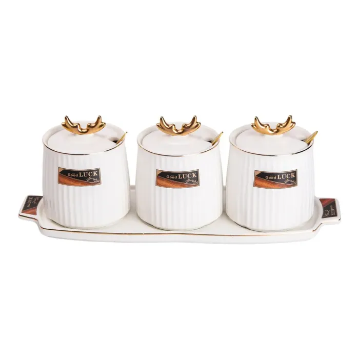 Керамическая банка с подставкой для сыпучих продуктов, набор из 3, 400 мл, для чая, кофе и сахара, белый. (HP-15-30) - изображение 1