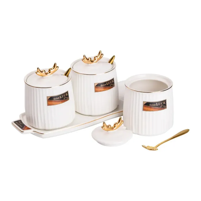 Керамическая банка с подставкой для сыпучих продуктов, набор из 3, 400 мл, для чая, кофе и сахара, белый. (HP-15-30) - изображение 2