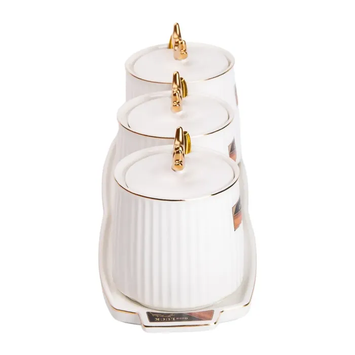 Керамическая банка с подставкой для сыпучих продуктов, набор из 3, 400 мл, для чая, кофе и сахара, белый. (HP-15-30) - изображение 3