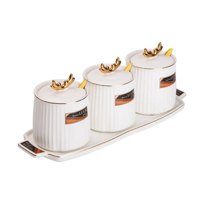 Керамическая банка с подставкой для сыпучих продуктов, набор из 3, 400 мл, для чая, кофе и сахара, белый. (HP-15-30) - изображение 4
