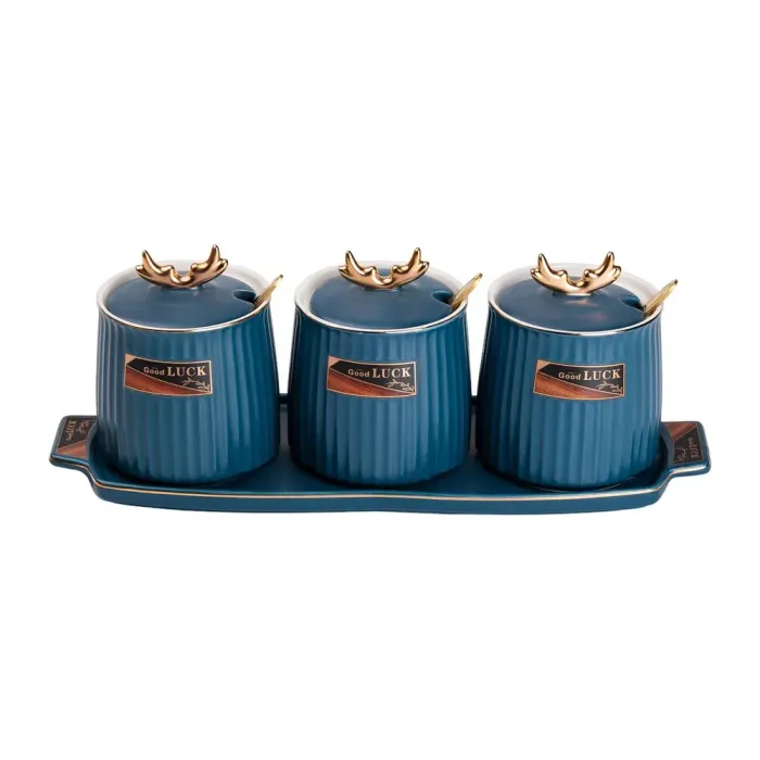 Керамическая банка с подставкой для сыпучих продуктов, набор из 3, 400 мл, для чая, кофе и сахара, синяя. (HP-15-32) - изображение 1