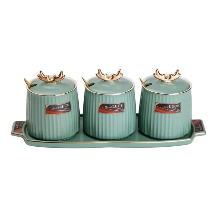Керамические банки, подставка для сыпучих продуктов, набор из 3,400 мл, для чая, кофе и сахара, зелени. (HP-15-31) - изображение 1