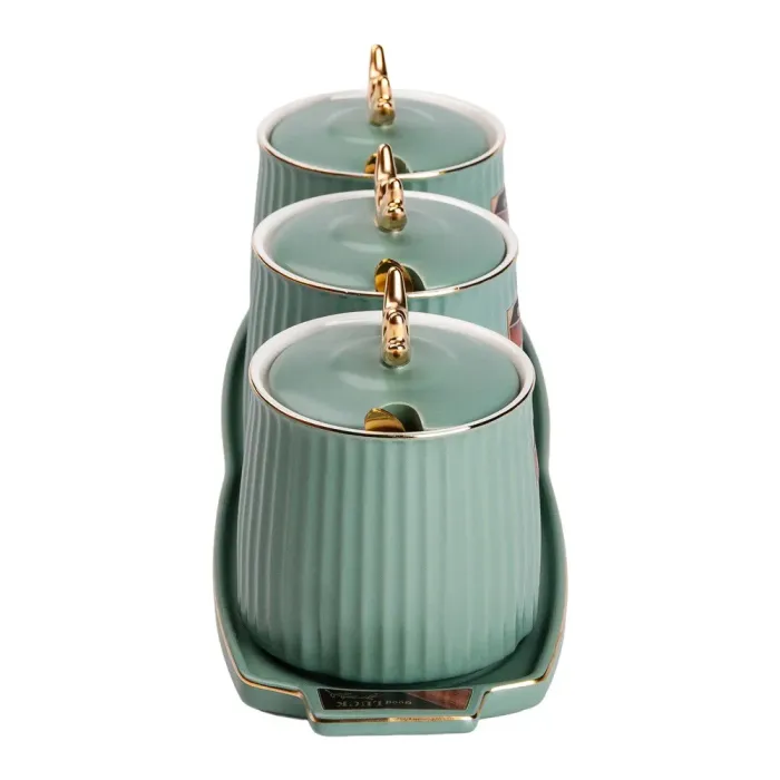 Керамические банки, подставка для сыпучих продуктов, набор из 3,400 мл, для чая, кофе и сахара, зелени. (HP-15-31) - изображение 3