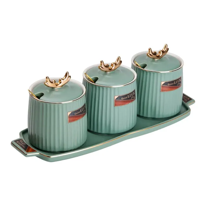 Керамические банки, подставка для сыпучих продуктов, набор из 3,400 мл, для чая, кофе и сахара, зелени. (HP-15-31) - изображение 4