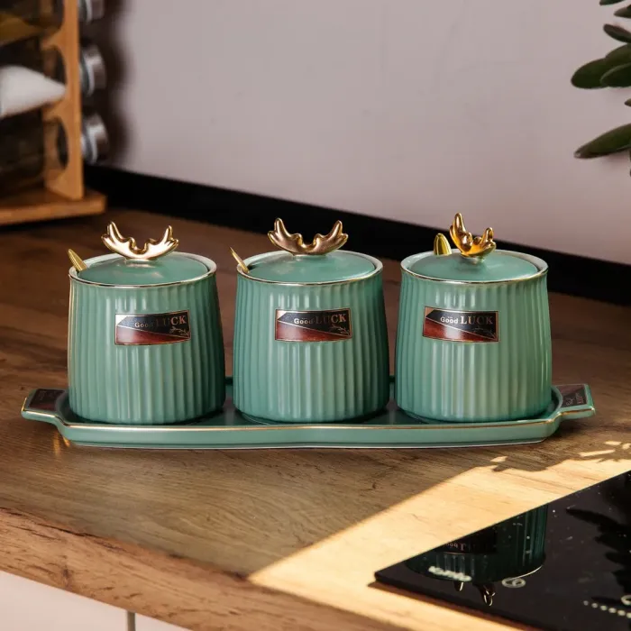 Керамические банки, подставка для сыпучих продуктов, набор из 3,400 мл, для чая, кофе и сахара, зелени. (HP-15-31) - изображение 5