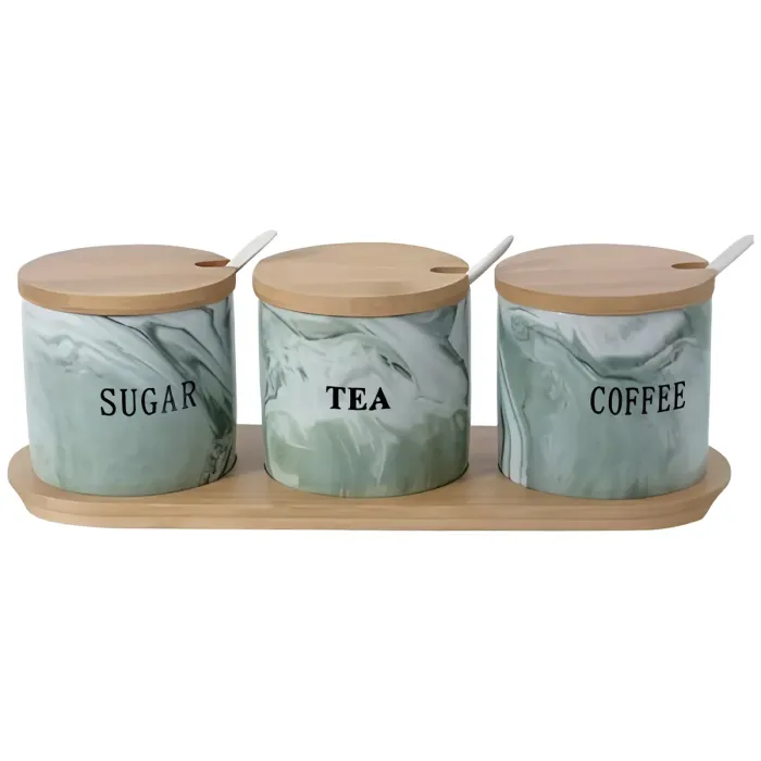 Набір керамічних банок для сипучих продуктів на підставці (3 шт.) Зелений мармур SCT-661 (SCT-661) - зображення 1