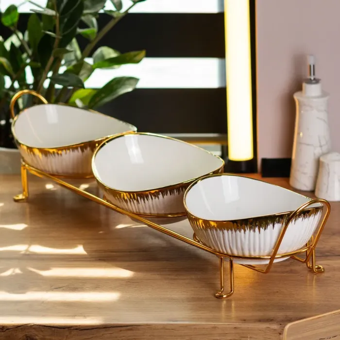 Набір керамічних піал глибоких 3 шт для сервірування столу на підставці менажниця для фруктів десертів цукерок (HP1007) - зображення 1