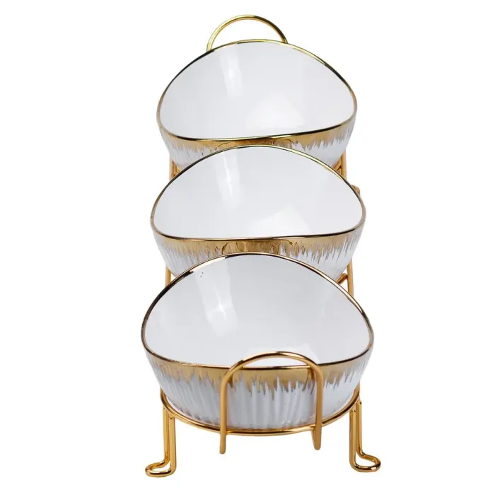 Набір керамічних піал глибоких 3 шт для сервірування столу на підставці менажниця для фруктів десертів цукерок (HP1007) - зображення 3