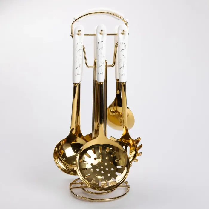 Набір кухонного приладдя 7 предметів на підставці столові прилади з нержавіючої сталі Золото з білим (HP-20-7) - зображення 1