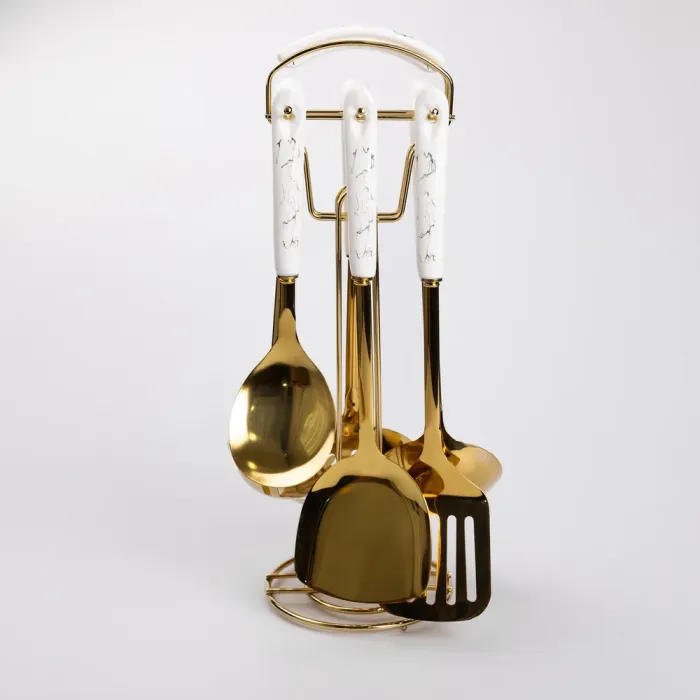 Набір кухонного приладдя 7 предметів на підставці столові прилади з нержавіючої сталі Золото з білим (HP-20-7) - зображення 3