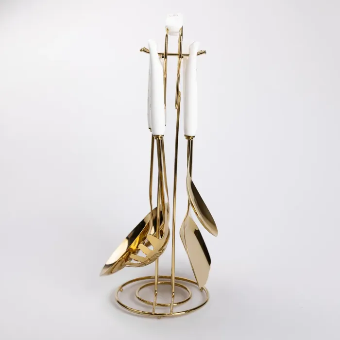 Набір кухонного приладдя 7 предметів на підставці столові прилади з нержавіючої сталі Золото з білим (HP-20-7) - зображення 4