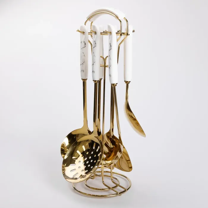 Набір кухонного приладдя 7 предметів на підставці столові прилади з нержавіючої сталі Золото з білим (HP-20-7) - зображення 5