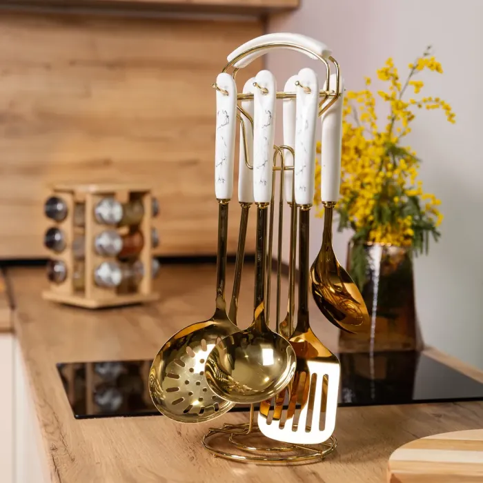 Набір кухонного приладдя 7 предметів на підставці столові прилади з нержавіючої сталі Золото з білим (HP-20-7) - зображення 6